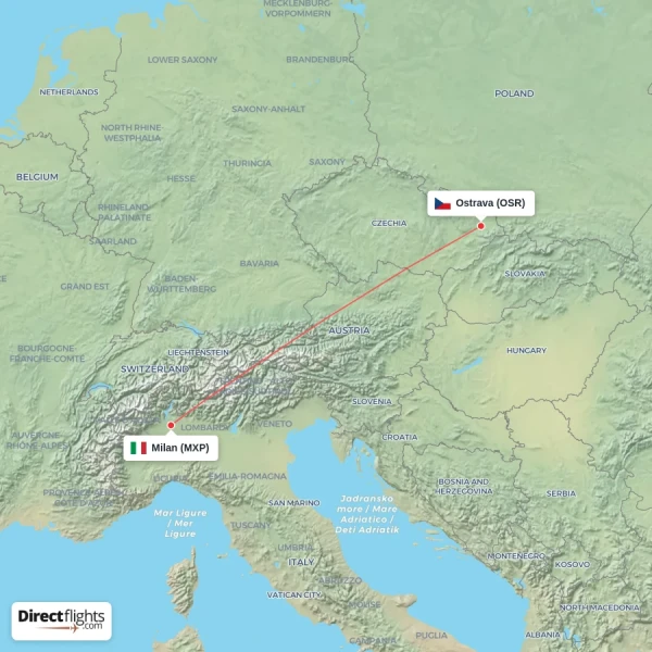 Ostrava - Milan direct flight map