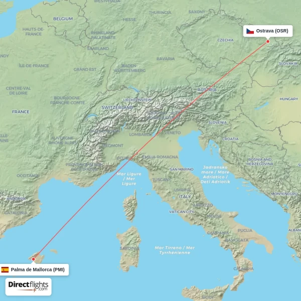 Ostrava - Palma de Mallorca direct flight map