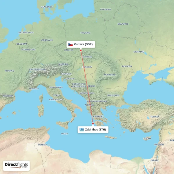 Ostrava - Zakinthos direct flight map