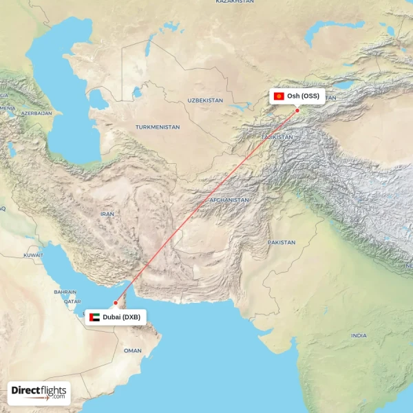 Osh - Dubai direct flight map