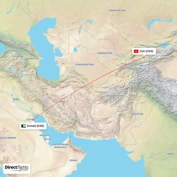 Osh - Kuwait direct flight map