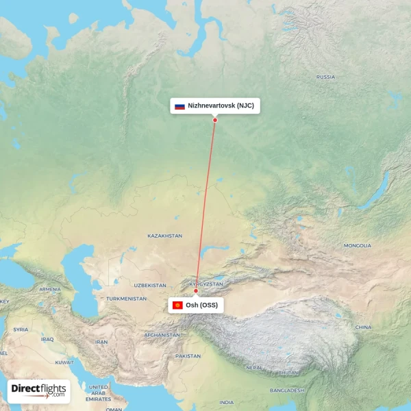 Osh - Nizhnevartovsk direct flight map