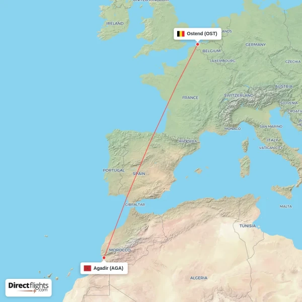 Ostend - Agadir direct flight map