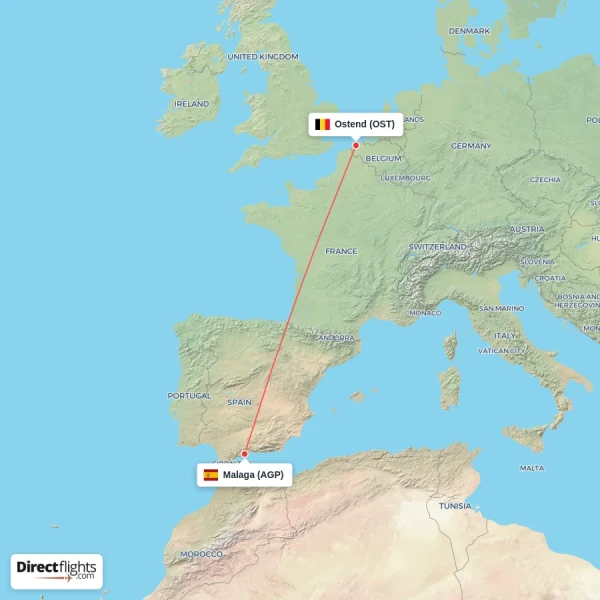 Ostend - Malaga direct flight map