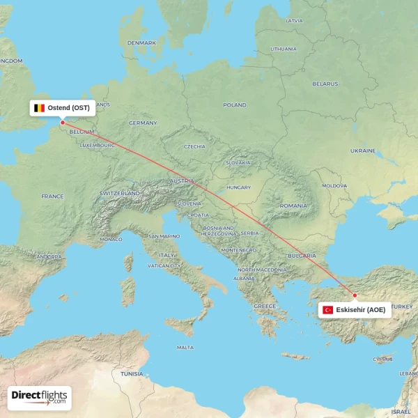 Ostend - Eskisehir direct flight map