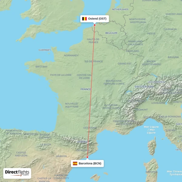 Ostend - Barcelona direct flight map