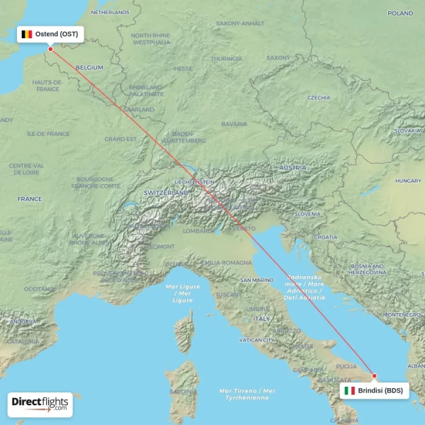 Ostend - Brindisi direct flight map