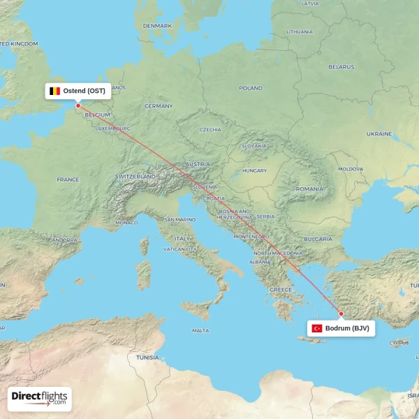 Ostend - Bodrum direct flight map