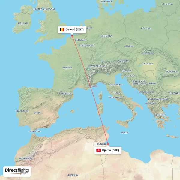 Ostend - Djerba direct flight map