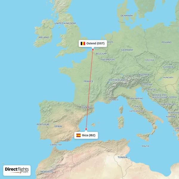 Ostend - Ibiza direct flight map