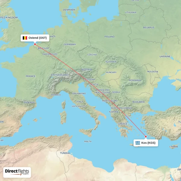Ostend - Kos direct flight map