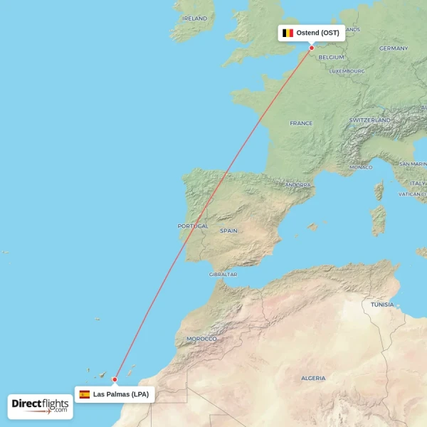 Ostend - Las Palmas direct flight map