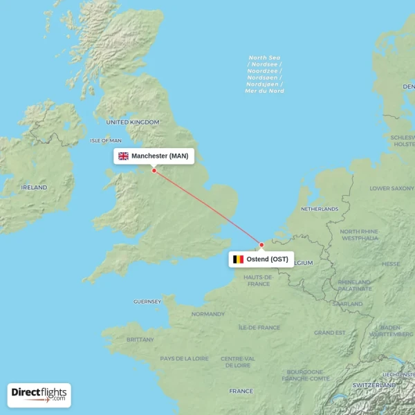 Ostend - Manchester direct flight map