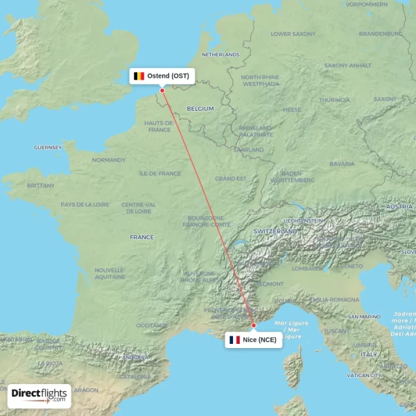 Ostend - Nice direct flight map