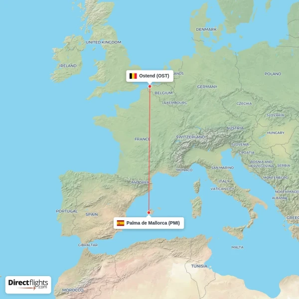 Ostend - Palma de Mallorca direct flight map