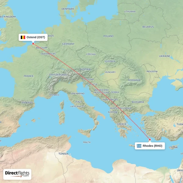 Ostend - Rhodes direct flight map