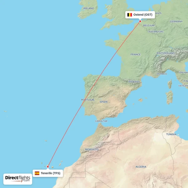 Ostend - Tenerife direct flight map