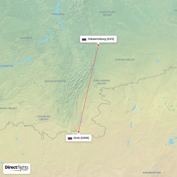 Orsk - Yekaterinburg direct flight map