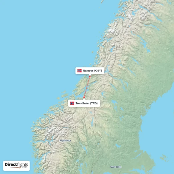 Namsos - Trondheim direct flight map