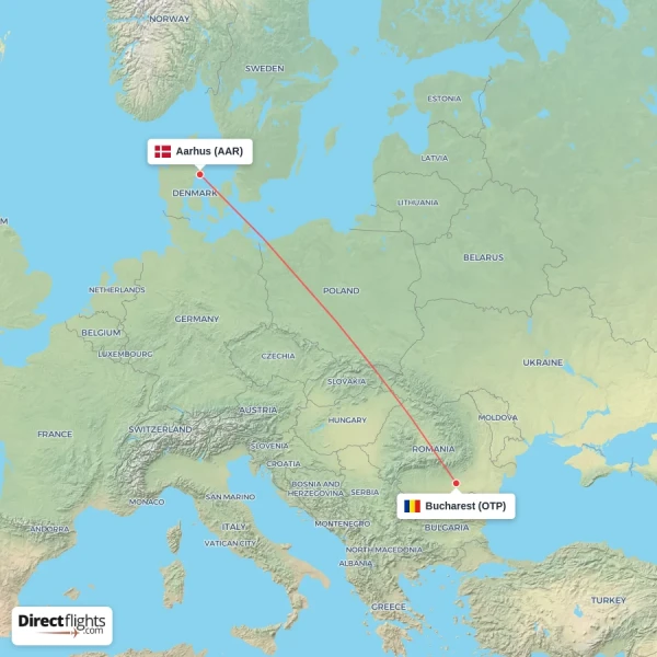 Bucharest - Aarhus direct flight map