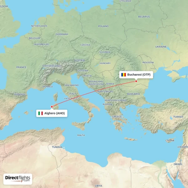 Bucharest - Alghero direct flight map