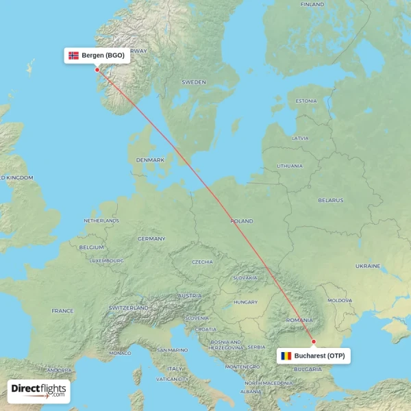 Bucharest - Bergen direct flight map