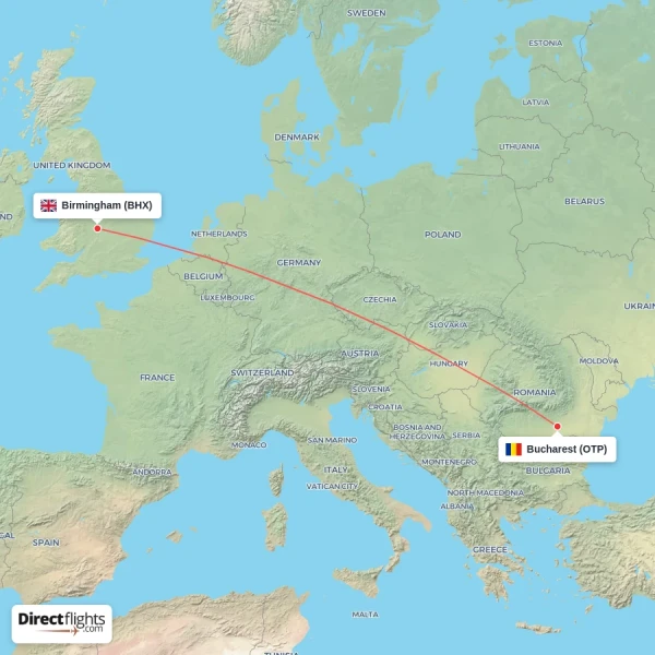 Bucharest - Birmingham direct flight map