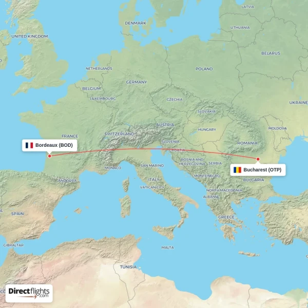 Bucharest - Bordeaux direct flight map