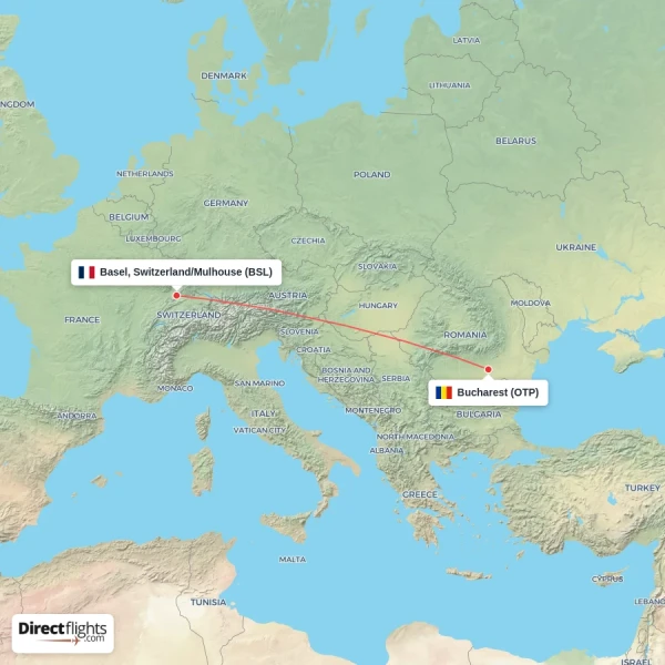 Bucharest - Basel, Switzerland/Mulhouse direct flight map