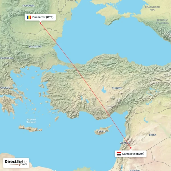 Bucharest - Damascus direct flight map