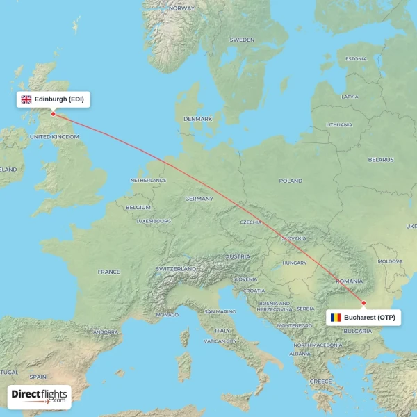 Bucharest - Edinburgh direct flight map