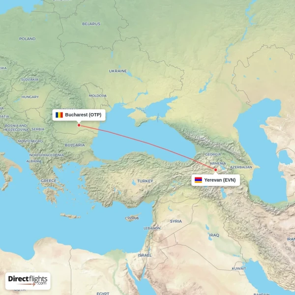 Bucharest - Yerevan direct flight map