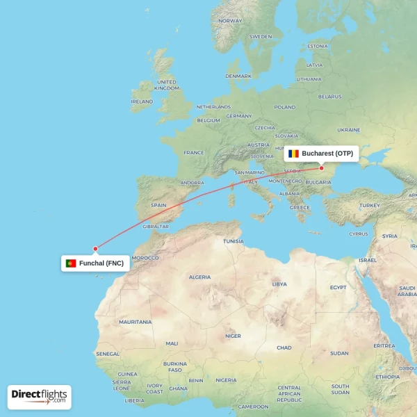 Bucharest - Funchal direct flight map