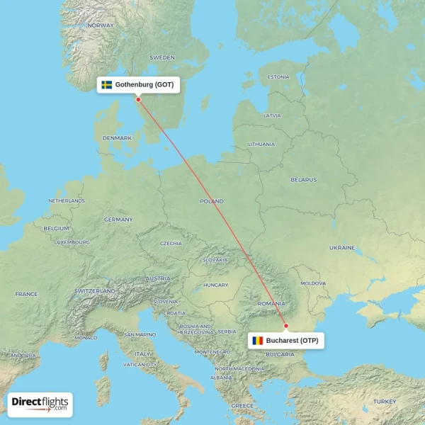 Bucharest - Gothenburg direct flight map