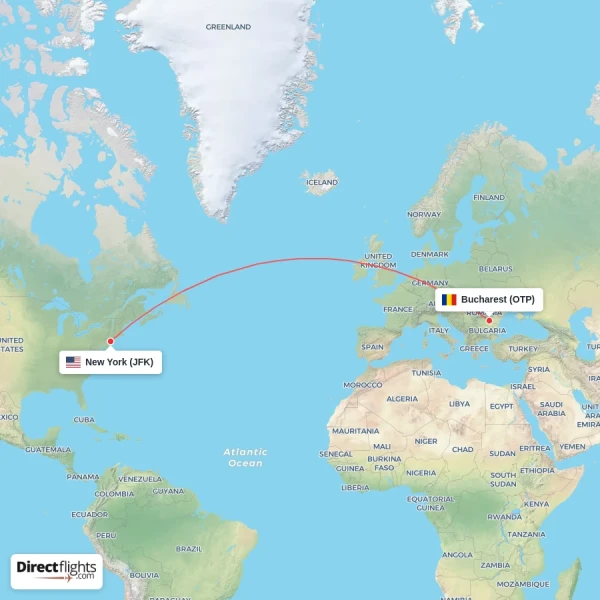 Bucharest - New York direct flight map