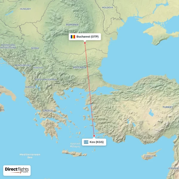 Bucharest - Kos direct flight map