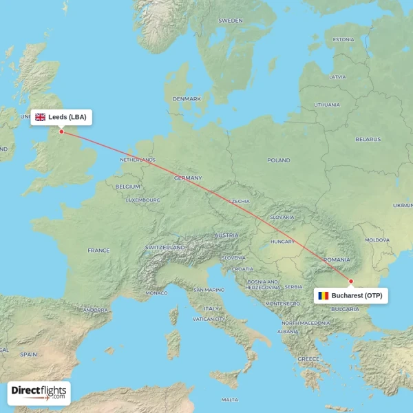Bucharest - Leeds direct flight map