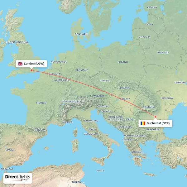 Bucharest - London direct flight map