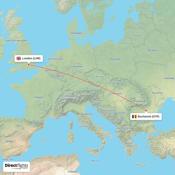 Bucharest - London direct flight map