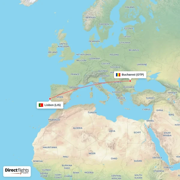 Bucharest - Lisbon direct flight map
