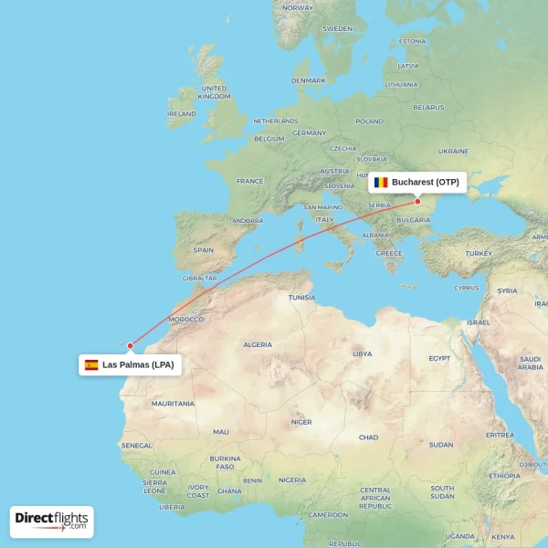 Bucharest - Las Palmas direct flight map