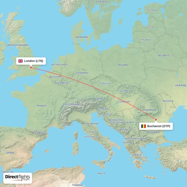 Bucharest - London direct flight map