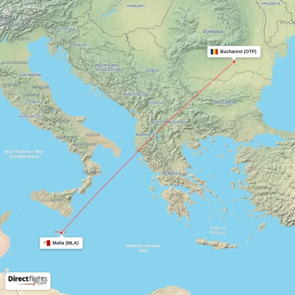 Bucharest - Malta direct flight map