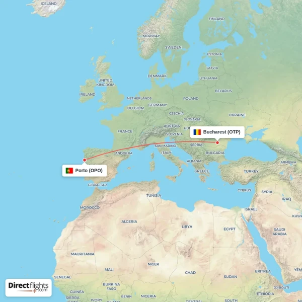 Bucharest - Porto direct flight map