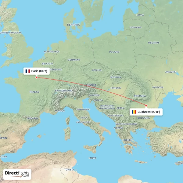 Bucharest - Paris direct flight map