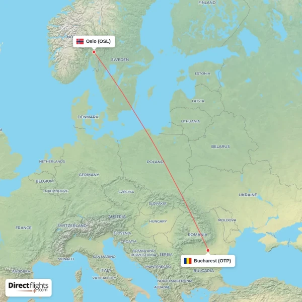 Bucharest - Oslo direct flight map