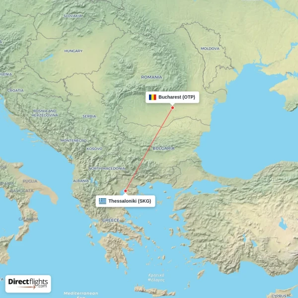 Bucharest - Thessaloniki direct flight map
