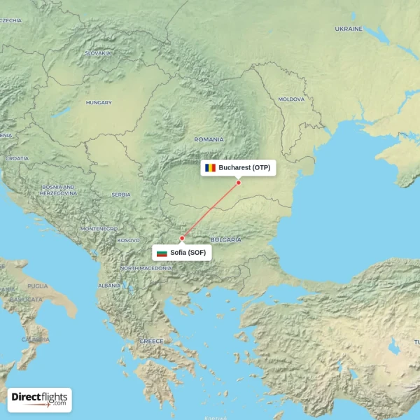 Bucharest - Sofia direct flight map