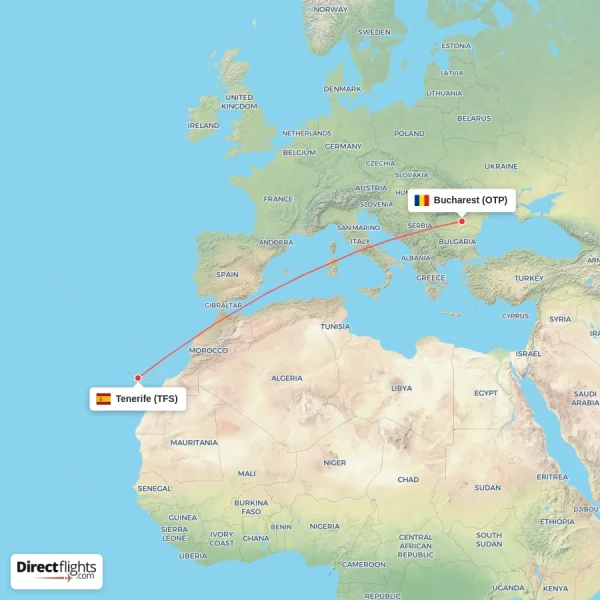 Bucharest - Tenerife direct flight map