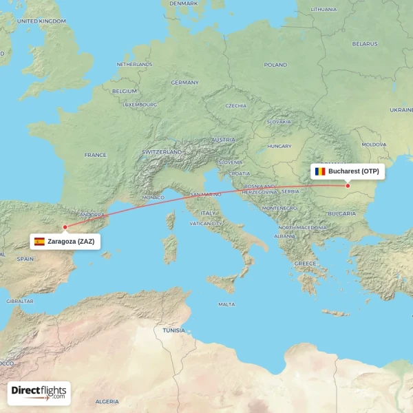 Bucharest - Zaragoza direct flight map
